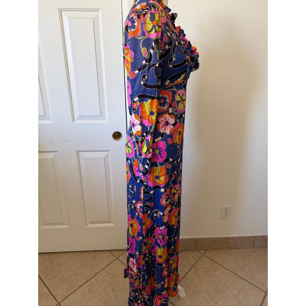 Patricia Fair XS Blue Floral Ruffle V neck Maxi Dress Long Sleeve - Picture 4 of 16